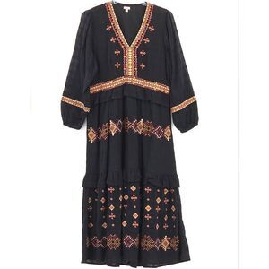 Reba Tiered Midi Dress Size 8 Lagum Black Embroidered Lagenlook Boho Western
